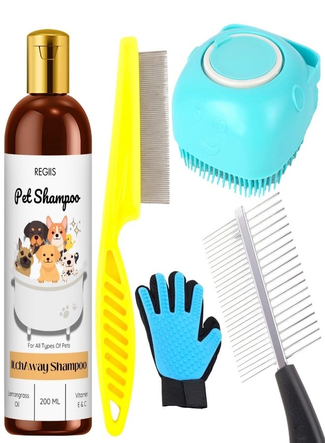 Regiis Pet Grooming Kit with Anti-Itch Shampoo, Metal Combs, Silicone Brush, Deshedding Glove, Blue Massage Tool for Dogs, 200ml(PACK OF 5) - Image 1
